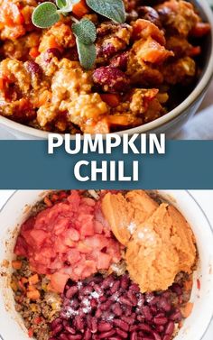 pumpkin chili in a white bowl with text overlay that reads, pumpkin chilli