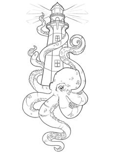 an octopus with a lighthouse in the background coloring pages for kids to print and color