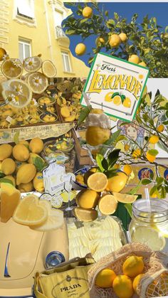 a collage of lemons and lemonade in front of a building