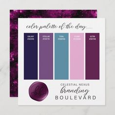 the color palette for celestial nights is shown in purple and blue, along with an image of