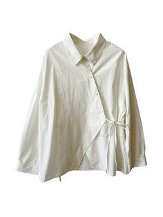 Irregular Clipping Long Sleeve Lace-Up Solid Color Lapel Blouses: Unique Sophistication Loose Silhouette Fashion, Blouse Fitting, White Long Sleeve Outfit, Sew Blouse, Japanese Blouse, Tops With Sleeves, White Blouses, Fitted Blouse, Open Shirt