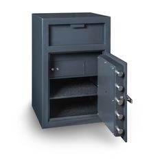 an open safe box with the door open and two keys in it's compartment