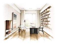 an artistic rendering of a living room with bookshelves and chairs in the corner