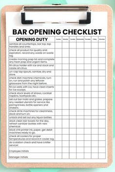 a clipboard with the words bar opening checklist on it