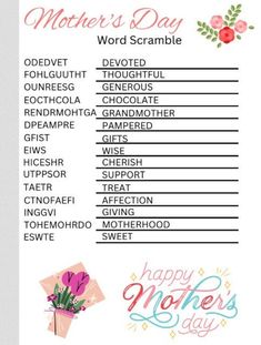 a mother's day word scramble with flowers