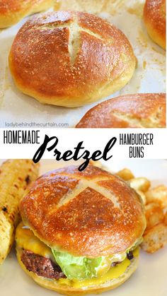 two pictures of hamburgers and french fries with the words homemade pretzel on them