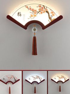 four different views of the inside of a ceiling fan with flowers and tassels hanging from it