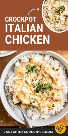 the recipe for crockpot italian chicken is in a bowl with rice and garnish