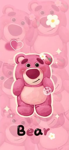 a pink teddy bear with hearts on it's chest and the words bear above it