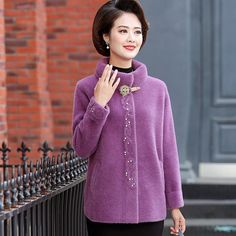 Brand Name:MVJT DAIRStyle:CasualMaterial Composition:cottonDecoration:ButtonPattern Type:SolidClothing Length:RegularCollar:MANDARIN COLLARSleeve Length(cm):FullSleeve Style:RegularMaterial:CottonMaterial:PolyesterThickness:Thick （Winter)Closure Type:Covered ButtonAge:Ages 35-45 Years Old Winter Purple Tops With Button Closure, Purple Winter Tops With Button Closure, Purple Buttoned Winter Tops, Purple Buttoned Sweater For Winter, Purple Winter Sweater With Buttons, Cotton Decorations, L And Light, 45 Years, Solid Clothes