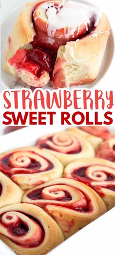 strawberry sweet rolls with icing and strawberries in the middle on a white plate