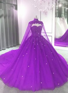 Purple Tulle Quinceanera Dress Lace Applique Beaded Cape Vestido Color Lila, Blue Wedding Party, Formal Dress Blue, Purple Formal Dress, Purple Quinceanera Dresses, Purple Tulle, Tulle Balls, Pretty Quinceanera Dresses, Stunning Prom Dresses