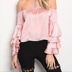 Long Sleeve Off The Shoulder Satin Top Featuring Ruffled Detailed Sleeves. New With Tags Blush Pink Bct9023 Location A Off-shoulder Ruffled Tops For Brunch, Off-shoulder Ruffle Blouse For Brunch, Pink Off-shoulder Top For Spring Party, Fall Ruffled Off-shoulder Top, Fitted Off-shoulder Top With Ruffles For Brunch, Pink Long Sleeve Off-shoulder Top For Spring, Elegant Off-shoulder Top With Ruffles For Spring, Elegant Ruffled Off-shoulder Top For Spring, Feminine Spring Off-shoulder Top For Party