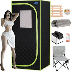 a woman standing next to a black and green portable shower with accessories around her body