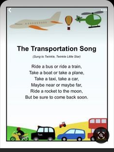 the transportation song is shown with cars, trucks and planes on it's side