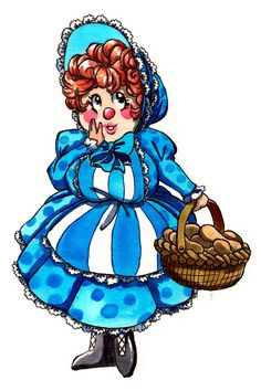 a drawing of a woman in blue dress holding a basket