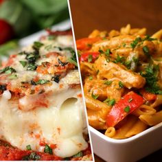 two pictures one with pasta and the other with cheese