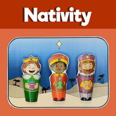 an image of nativity book cover with three wooden toy figures in the middle and on top