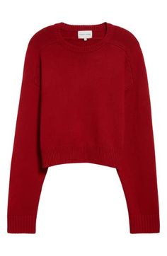 This cropped sweater featuring slouchy dropped shoulders and a relaxed, oversized silhouette is made to feel luxe with a blend of wool and supersoft cashmere. 19 1/2" length (size Medium) Crewneck Long sleeves Ribbed collar, cuffs and hem 90% wool, 10% cashmere Dry clean or hand wash, dry flat Imported SPACE: A shop for emerging and advanced designers Loulou Studio, School Wear, Platform Slippers, Burgundy Sweater, Maternity Shops, Oversized Silhouette, Designer Clothes For Men, Denim Jumpsuit, Women's Summer Fashion