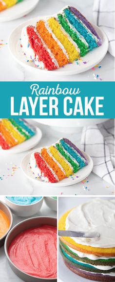 rainbow layer cake with white frosting and sprinkles on the top, surrounded by other cakes