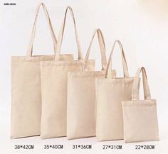 four bags are lined up in different sizes and colors, with the measurements for each bag