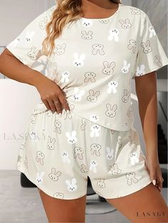 Lasaky - Delightful Plus Size Pajama Set for Women: Adorable Rabbit Print Short Sleeve Round Neck Tee & Shorts Lounge Two Piece Set Casual Beige Set For Sleepover, Cute Cream Loungewear Tops, Cute Cream Tops For Loungewear, Cute Beige Tops For Loungewear, Cute Beige Loungewear Top, Casual Cream Sets For Pajama Party, Casual Cream Pajama Party Sets, Casual Beige Sleepwear For Pajama Party, Beige Casual Pajama Party Sets