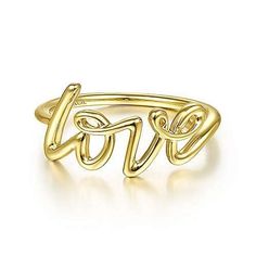 Made in 14 karat yellow gold, this "love" script ring is the perfect way to say what's in your heart. Personalized Yellow Gold Heart Ring For Gifts, Valentine's Day Yellow Gold Initial Ring, Valentine's Day Yellow Gold Heart Ring With Charm, Yellow Gold Heart-shaped Initial Ring For Valentine's Day, Heart-shaped Yellow Gold Hoop Earrings For Valentine's Day, Twisted Band, Vintage Band, Gold Collection, Love Ring