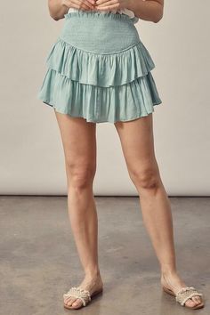 Mint Smocked Waist Layered Skort White Women Dresses, White Tube Top, Blue Skort, Smocked Skirt, Ruffled Mini Skirt, White Tube, Tiered Mini Skirt, Ruffle Mini Skirt, Tiered Ruffle Skirt