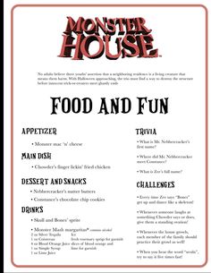 the monster house food and fun menu is shown in red, black and white colors