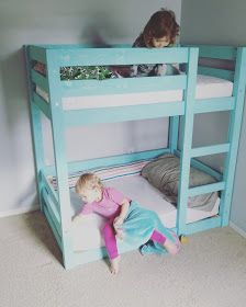 two children playing on the bottom bunk of a blue bunk bed in a room with carpeted flooring