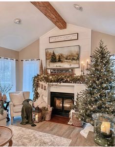 a living room filled with furniture and a christmas tree in front of a fire place