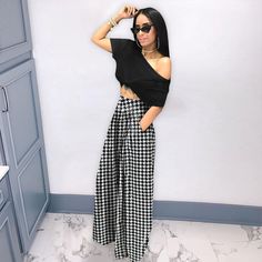 Houndstooth Print Loose Wide-leg Pants Winter Wide Leg Pants, Wide Leg Pants Plus Size, Wide Leg Casual Pants, Bright Color Dresses, Casual Pants Style, Houndstooth Pants, White Boho Dress, High Waist Wide Leg Pants, Casual Wide Leg Pants