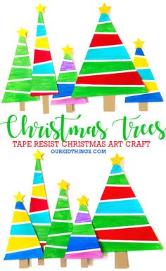 christmas trees made out of strips of colored paper and popsicle sticks with the words christmas trees on them