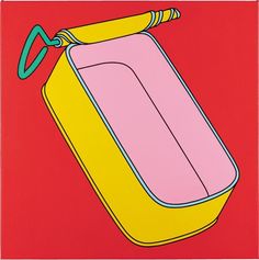 a painting of a yellow container with a green handle on red background, which is part of a series of paintings