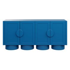 a blue cabinet with three round knobs