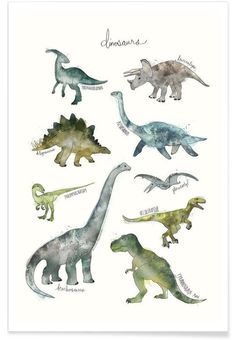 watercolor dinosaurs are shown in different colors and sizes, including one with the word's name on it