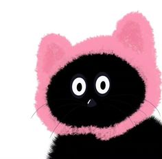 a black cat wearing a pink hat with big eyes