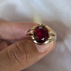 *Price Firm* 10kt Solid Gold Ring With Wood Texture And Side Cutouts Synthetic Red Oval Stone Sz 9.75 Weighs 8.5 Grams Heirloom Red Signet Ring With Polished Finish, Formal Ruby Signet Ring In Fine Jewelry Style, Ruby Signet Ring Fine Jewelry For Formal Events, Fine Jewelry Ruby Signet Ring For Formal Occasions, Ruby Signet Ring For Formal Occasions, Classic Red Signet Ring For Formal Occasions, Formal Ruby Signet Ring, Heirloom Red Gold Signet Ring, Classic Red Jewelry With Lab-created Ruby