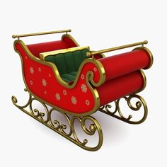 a red and gold sleigh with green fabric in the front, on a white background