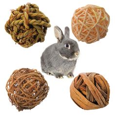 several different types of balls of yarn and rabbits sitting next to each other on a white background