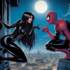 spider - man and black widow in front of a cityscape with the moon behind them