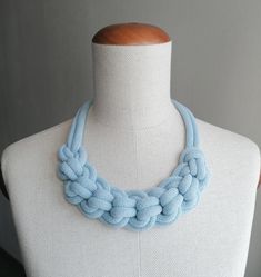 "Baby Blue Chunky Necklace for Women,Blue Necklace Weaved,Light Blue Chunky Jewelry,Statement Necklace,Bright Jewels,Fabric Necklace,Eco Friendly Jewelry Set,Gift for Mom and Daughter,Chunky Necklace for Women,. Colorful, Light, Soft and Cool... Perfect for to make your outfit more exciting! AVAILABLE IN 37 COLORS   & 4 SIZES CREATED AND MADE  IN SWEDEN BY ME. This model is color: \"ICEBERG\" To this necklace model I gave the name of \"MARGOT\"  Like the English ballet dancer MARGOT FONTEYN \"Th Handmade Light Blue Necklaces, Handmade Adjustable Light Blue Necklace, Adjustable Handmade Light Blue Necklace, Chunky Necklaces Statement, Light Blue Necklace, Bright Jewelry, Margot Fonteyn, Necklace Model, Jewelry Fabric