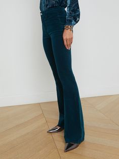 The Marty jean features our longest inseam, widest flared hem, and a slim fit from just above the natural waist to the knee. Now in a luxurious, jewel-toned velvet. • Stretch velvet• High-rise flare• 5-pocket construction• Zip fly and button closure• 35" inseam | L'AGENCE Marty Velvet Jean In Rich Teal Lace Coat, Velvet Jeans, Knit Denim, Evening Shoes, Stretch Velvet, Denim Coat, Skirted Swimwear, Sweater Skirt, Denim Dress