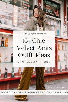 Our favorite fashion trend of the moment? Velvet pants! We’re sharing all of our top tips on how to style velvet pants plus 15+ uber chic velvet pants outfit ideas for party, casual, work, holiday, and more. Whether you’re looking for outfit inspiration for black, brown, green, red, or wide leg velvet pants, we have you covered for this fall and winter wardrobe trend. Winter fashion, holiday outfits. @collagevintage Green Velvet Wide Leg Pants Outfit, Velour Wide Leg Pants, Velvet Pants Work Outfit, Green Velvet Trousers Outfit, How To Style Wide Leg Velvet Pants, Wide Leg Velour Pants Outfit, Velvet Flare Pants Outfit Winter, Velvet Brown Pants Outfit, Velvet Trousers Outfit Casual