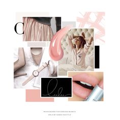 a collage of photos with pink and white accessories, including lipstick, watch, ring, bracelets