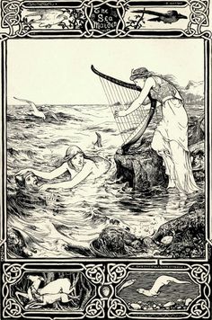 an old book with a drawing of a woman playing the harp in water and other people swimming