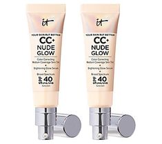 It's all about the glow! Stock up on CC+ Nude Glow Lightweight Foundation + Glow Serum with SPF 40 with this set and experience an instant healthy glow.  This lightweight foundation provides buildable medium coverage -- perfect for achieving that no-makeup makeup look. The 90% skin-care formula with 2% niacinamide, hyaluronic acid, and green tea extract delivers an instant healthy glow with 24 hours of skin hydration. Plus, it's suitable for all skin types.  You'll get the look of glowy skin ins It Cosmetics Confidence In A Cream, It Cosmetics Cc Cream Nude Glow, Makeup Forever Hd Skin Foundation Swatches, It Cosmetics Cc Cream, It Cosmetics Concealer, Lightweight Foundation, Makeup Board, Perfect Complexion, Morning Skin Care Routine