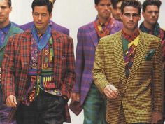 men's fashion show with multicolored suits and ties