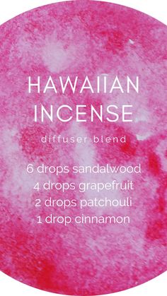 Hawaiian Incense Diffuser Blend - 6 drops sandalwood, 4 drops grapefruit, 2 drops patchouli, 1 drop cinnamon Sandalwood Diffuser Blends, Sandalwood Essential Oil Blends, Patchouli Essential Oil Blends, Essential Oil Blend, Cinnamon Essential Oil Blends, Patchouli Diffuser Blend, Sandalwood Diffuser Blend, Essential Oils Blends, Essential Oil Recipes Diffuser