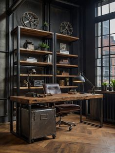 an industrial style office with wooden shelves and leather chair in front of the desk is full of books